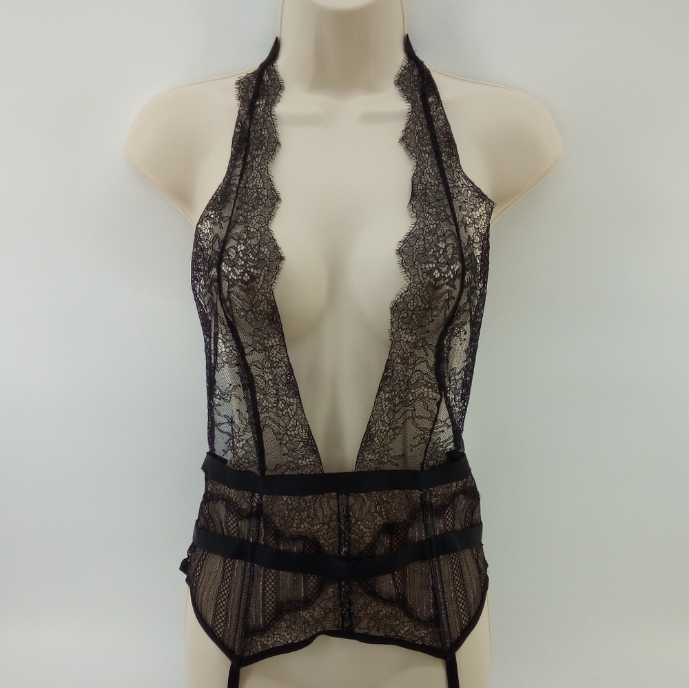 Victoria Secret Lace Plunge Black Silver Metalic Boning Halter Teddy L